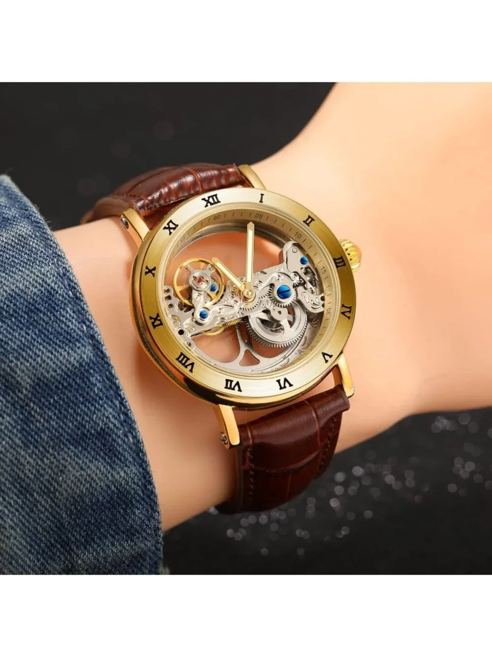 Men's Silver Brown Unique Design Automatic Genuine Leather Strap Skeleton Watch